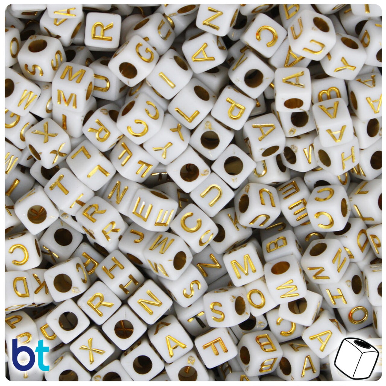 BeadTin White Opaque 6mm Cube Plastic Alpha Beads - Gold Letter Mix (200pcs)